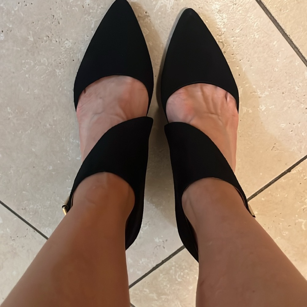 Vince Camuto Signature Black Suede Shoes with Gold Buckle Ankle Strap Si… - Picture 3 of 8